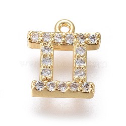 Golden Plated Brass Micro Pave Cubic Zirconia Charms, Twelve Constellations, Gemini, 8x7x1.7mm, Hole: 0.8mm(ZIRC-L075-51H)