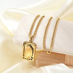 304 Stainless Steel Virgin Mary Pendant Wheat Chain Necklaces for Men, Real 18K Gold Plated, 23.82 inch(60.5cm), Pendant: 35x21mm(NJEW-S387-09G-01)