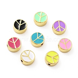 Flat Round with Peace Sign Brass Enamel Beads, Cadmium Free & Nickel Free & Lead Free, Mixed Color, 10x4.5mm, Hole: 1.8mm(KK-G419-05G)