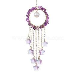 Glass Star Pendant Decorations, with Wire Wrapped Natural Amethyst Chips and Natural Cultured Freshwater Pearl, for Home Decorations, 205mm, Hole: 9.7mm(HJEW-JM01247-01)