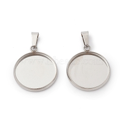 304 Stainless Steel Pendant Cabochon Settings, Flat Round, Stainless Steel Color, Tray: 16mm, 26x17.5x3.5mm, Hole: 2.5x6mm(STAS-I328-01F-P)