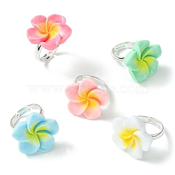 Plumeria Flower Resin Finger Ring, Silver Brass Adjustable Ring, Mixed Color, Inner Diameter: 14.5mm(RJEW-JR00640)