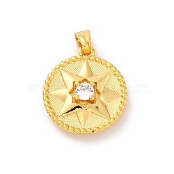 Brass Micro Pave Cubic Zirconia Pendants, Long-Lasting Plated, Lead Free & Cadmium Free, Round with Star, Golden, 17x15x4.5mm, Hole: 5.5x2.5mm(KK-U033-05G)