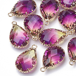 K9 Glass Imitation Tourmaline Pendants, with Golden Tone Brass Findings, Faceted, Teardrop, Purple, 23x13.5~14x8mm, Hole: 2mm(GLAA-Q069-02D)