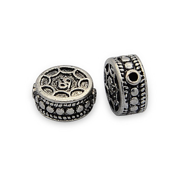 Carved Brass Beads, Flat Round, Nickel Free, Antique Silver, 11x6mm, Hole: 1mm
