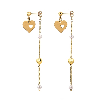 304 Stainless Steel Dangle Stud Earrings, with CCB Plastic Imitation Pearl, Brass Ear Nuts and Curb Chains, Heart, Golden, 67mm, Pin: 0.7mm