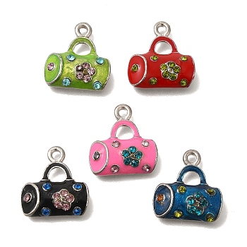 Alloy Enamel Pendants, with Rhinestone, Platinum, Bag Charm, Mixed Color, 18.5x16.5x5mm, Hole: 1.6mm