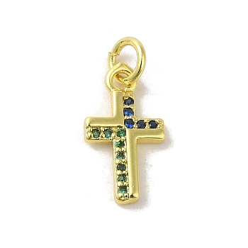 Brass Micro Pave Cubic Zirconia Pendants, Real 18K Gold Plated, Cross Charms, Colorful, 15x8x1.5mm, Hole: 3mm