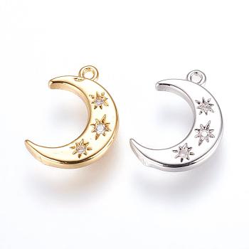 Brass Charms, with Cubic Zirconia, Moon, Mixed Color, 16x10x2mm, Hole: 1.2~1.5mm