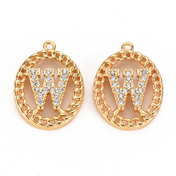 Brass Micro Pave Clear Cubic Zirconia Pendants, Nickel Free, Real 18K Gold Plated, Oval with Word, Letter.W, 17x13x3mm, Hole: 1mm