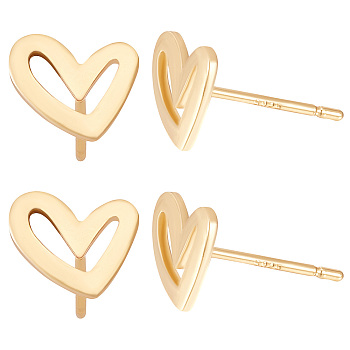 20Pcs Brass Stud Earrings, with Raw(Unplated) Silver Pins and Plastic Protector, Heart, Real 18K Gold Plated, 7.5x9mm, Pin: 0.7mm