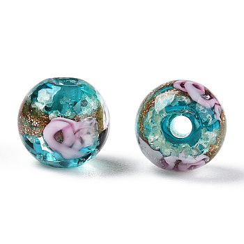 Luminous Handmade Gold Sand Lampwork Beads, Glow in the Dark, Round with Flower, Dark Turquoise, 8x8mm, Hole: 1.6mm