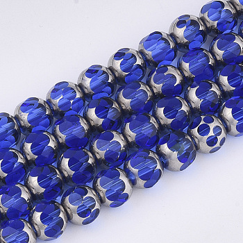 Electroplate Glass Beads Strands, Half Silver Plated, Faceted, Round, Blue, 8~8.5x7~8mm, Hole: 1mm, about 40pcs/strand, 11.8 inch