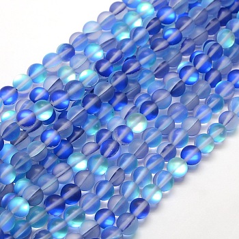 Synthetic Moonstone Beads Strands, Holographic Beads, Half AB Color Plated, Frosted, Round, Blue, 6mm, Hole: 1mm, about 60pcs/strand, 15 inch