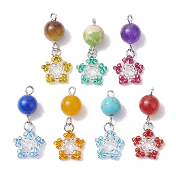 7Pcs 7 Style Dyed Synthetic & Natural Mixed Gemstone Pendant, with TOHO Seed Beads, Star Charms, Mixed Color, 27x12x8.5mm, Hole: 1.8mm, 1Pc/style