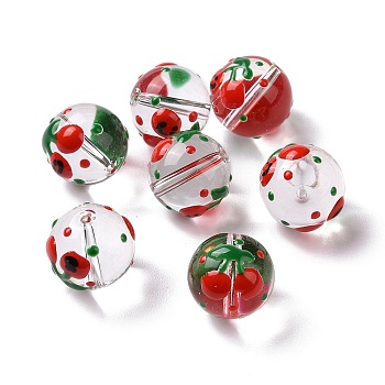 Transparent Glass Beads, with Enamel, Round, Red, Cherry Pattern, 14~15x13~13.5mm, Hole: 1.5~1.6mm