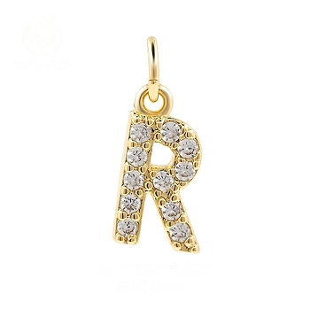 Brass Cubic Zirconia Pendants with Jump Rings, Real 18K Gold Plated, Letter R, 15x8.3x2.2mm, Hole: 2.8mm