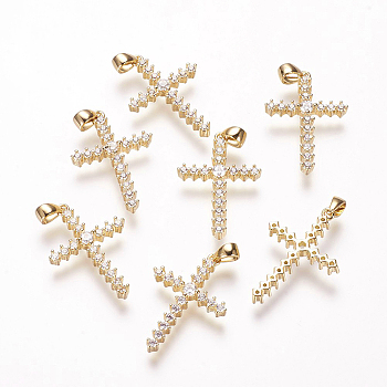 Brass Micro Pave Cubic Zirconia Pendants, Cadmium Free & Nickel Free & Lead Free, Cross, Real 18K Gold Plated, 22.5x15x3mm, Hole: 2.5x3mm