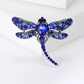 Alloy Brooches, Rhinestone Pin, Jewelry for Women, Dragonfly, Blue, 50x62mm