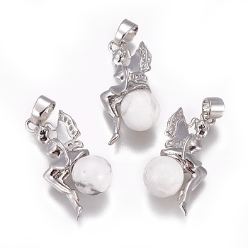 Natural Howlite Pendants, with Platinum Tone Brass Findings, Fairy, 25~26x12~13x8mm, Hole: 3.5x5.5mm