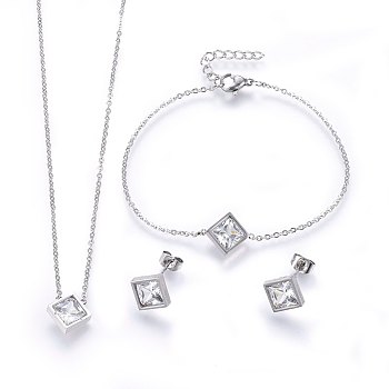 304 Stainless Steel Jewelry Sets, Pendant Necklaces & Stud Earrings & Bracelets, with Cubic Zirconia, Rhombus, Stainless Steel Color, 16.93 inch(43cm), 7-1/8 inch(18cm), 12x12x4mm, Pin: 0.8mm