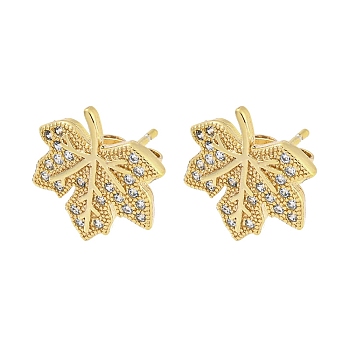 Brass Micro Pave Cubic Zirconia Ear Studs, Real 18K Gold Plated, Leaf, 14x13mm