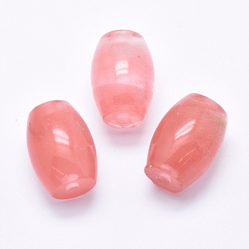 Other Watermelon Stone Glass Beads, Half Drilled(Holes on Both Sides), Barrel, Salmon, 24.5~25x18mm, Hole: 2.5~3mm
