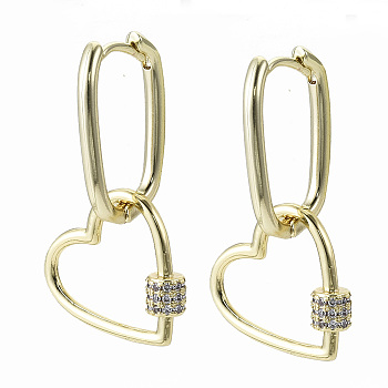 Brass Micro Pave Clear Cubic Zirconia Dangle Huggie Hoop Earrings, Nickel Free, Heart, Real 18K Gold Plated, 32mm, Pin: 1x1mm
