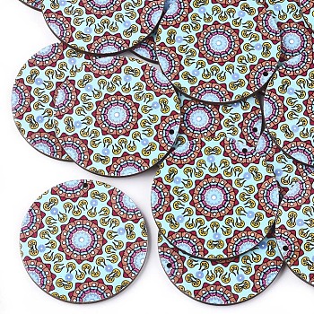Printed Basswood Pendants, Back Random Color, Flat Round, Pale Turquoise, 45x3mm, Hole: 1.5mm