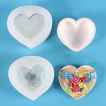 Heart with Rose DIY Storage Box Silicone Molds, Resin Casting Molds, for UV Resin, Epoxy Resin Craft Making, WhiteSmoke, 9.2~9.4x9.7x3.1~3.3cm, 2pcs/set