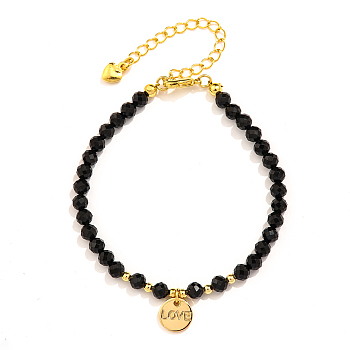 Natural Gemstone Beads Stretch Bracelets, Flat Round with Word Love Charm Bracelets for Women, with Brass Beads, Black, 6-1/4 inch(16cm)