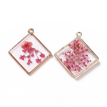 Transparent Clear Epoxy Resin Pendants, with Edge Golden Plated Alloy Loops, Rhombus Charms with Inner Flower, Cerise, 30x26.5x3mm, Hole: 1.8mm