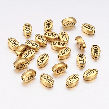 Tibetan Style Alloy Beads, Oval with Word Love, Valentine's Day, Cadmium Free & Lead Free, Antique Golden, 10x6x4mm, Hole: 1mm