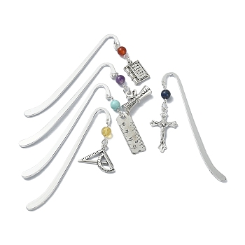 5Pcs 5 Style Cross Ruler Scroll Alloy Pendant Bookmark, Gemstone Bead Bookmarks, Hook Bookmark, Mixed Color, 84x13x1.5mm, 1pc/style