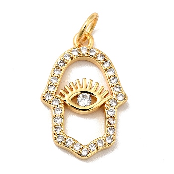 Rack Plating Brass Micro Pave Clear Cubic Zirconia Pendants, Cadmium Free & Nickel Free & Lead Free, Hamsa Hand with Eye, Real 18K Gold Plated, 18x11.5x2mm, Hole: 3.6mm