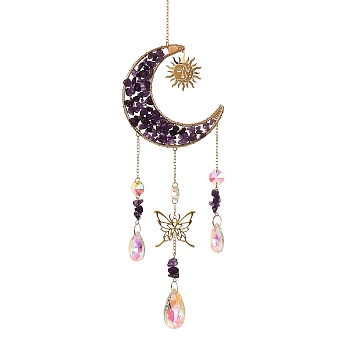 Natural Amethyst Chips Moon Crystal Suncatcher, Iron Ring & Sun & Butterfly and Prism Glass Teardrop Beads for Outdoor & Garden Decor, Golden, 515x86.5mm