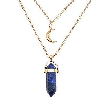 Natural Lapis Lazuli Cone Pendant Double Layer Necklace, with Moon Charms, 19.69 inch(50cm)