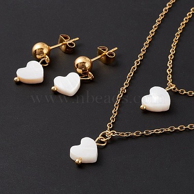 Synthetic Shell Heart Pendant Double Layer Necklaces and Dangle Stud Earrings(SJEW-F217-03B-G)-6