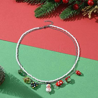 Glass Seed Beaded & 304 Stainless Steel Cable Chain Double Layer Necklace(NJEW-TA00074)-2
