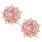 2Pcs Flower Polyester Brooches, Alloy Lapel Pins for Backpack Clothes, with Glass, Pink, 53.5x52mm(JEWB-ME0001-12)