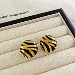 Brass Enamel Stud Earrings, Zebra-Stripe Style, Real 18K Gold Plated, Flat Round, 20mm(EJEW-B120-02G-02)