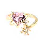 Brass Micro Pave Cubic Zirconia Cuff Rings, Open Rings, Star & Heart & Round, Real 18K Gold Plated, Pink, US Size 6(16.5mm), 2~16mm(RJEW-K233-60G)