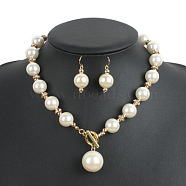 ABS Plastic Imitation Pearl Round Beaded Pendant Necklaces & Dangle Earrings Sets for Women, White, 470mm(WGD1C77-02)