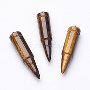 Natural Tiger Eye Pointed Pendants, with 201 Stainless Steel Split Rings, Bullet, Stainless Steel Color, 42~46x10mm, Hole: 5mm(G-D850-08)