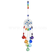 Woven Web/Net with Feather Glass Hanging Suncatcher Pendant Decoration, Crystal Ceiling Chandelier Ball Prism Pendants, with Alloy Findings, Round Pattern, 370mm(DJEW-PW0008-02C)