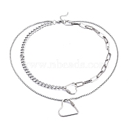 304 Stainless Steel Double Layer Necklaces, with Curb Chains & Paperclip Chains & Box Chains, Heart, Stainless Steel Color, 20.15 inch(51.2cm)(NJEW-M181-20P)