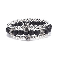 3Pcs 3 Style Round Synthetic Black Stone & Hematite Beaded Stretch Bracelets Set, Gemstone Bracelets with Ball Crown Hexagon for Women, Platinum, Inner Diameter: 2 1/4~2-3/8 inch(5.7~6.1cm)(BJEW-JB07688-03)