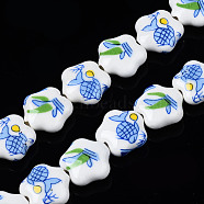Handmade Porcelain Ceramic Beads Strands, Flower Printed, Flower, Cornflower Blue, 14x15x6mm, Hole: 1.8mm, about 23pcs/strand, 12.4 inches(31.5cm)(PORC-S502-036A)