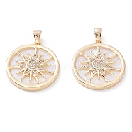 Rack Plating Brass Shell Pendants, with Cubic Zirconia, Long-Lasting Plated, Flat Round with Sun Charms, Real 18K Gold Plated, 20x18x3mm, Hole: 3x2mm(KK-A183-58A-G)