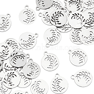 DICOSMETIC 40Pcs 304 Stainless Steel Charms, Flat Round with Leaf, Stainless Steel Color, 14x12x1mm, Hole: 1.5mm(STAS-DC0006-75)